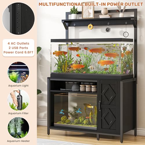 kepptory 40-50 Gallon Diamond Fish Tank Stand with Power Outlet, Heavy Duty Aquarium Cabinet with Display Shelf and 4 Hooks, Suitable for Turtle Tank, Reptile Terrarium for Home Office (Classic Black) - color: Black, size: 40.9"L x 20.5"W x 69.1"H