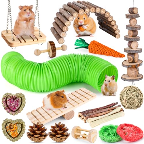 VESPRO Hamster Toys Set, Guinea Pig Toys Small Animal Chewing Toy and Rat Cage Accessories, Chinchillas, Gerbils, Rats, Rabbit Rodents Teeth Care, Apple Wood Timothy Hay Mouse Toy Swing Seesaw Bridge - size: 28Pack-hamster toys