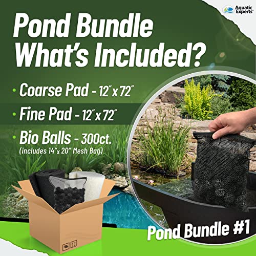 Aquatic Experts Koi Pond Filter Pad Bundle with Bio Balls – White Fine 12" x 72" + Black Coarse 12" x 72" Pads & 300 Count Bio Balls, Reusable Pond Filter Media - size: Pond Bundle – Pads + Bio Balls