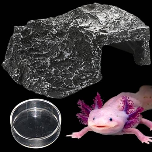 Axolotl Hide with Fish Feeding Dish Set, Axolotl Hideout for Aquariums, Bowl and Aquarium Hides for Axolotls Reptile Tortoise Fish, Hides for Tank, Turtle Tanks Decorations (Rock, M) - color: Rock