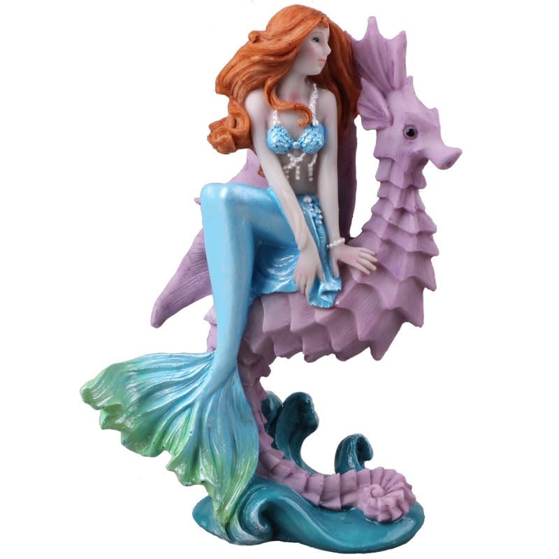 1PCs Blue Mermaid with Seahorse Sculpture Ornament Mediterranean Princess Statues Resin Aquarium Figurine Supplies for Garden Patio Fish Tank Home Office Desktop Bookshelf Decors - color: Blue