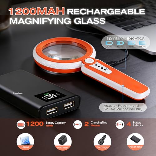 Rechargeable Magnifying Glass with Light for Seniors Reading, Hobbies | 45X Magnification • 6 Light Modes • 1200mAh Battery • 4.6-inch lens • 12 LEDs • Stepless Dimmable • Non-slip Handle - color: Orange