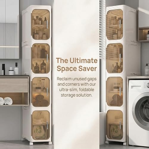 KHNR 3-Tiers Slim Bathroom Storage Cabinet, Foldable Storage Cabinets,Narrow Bathroom Storage,Movable Bathroom Storage Organizer for Small Spaces,Bathroom,Kitchen,Laundry,Cream White - color: Cream White, size: 3-Tiers