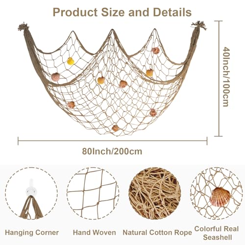 80x40 Inch Decorative Fishing Net w/Shells & Clips, 3mm Brown Natural Cotton Large Photo Hanging Fishnet, Wall Halloween Party Decorations for Nautical Pirate Hawaii Underwater Mermaid Themed Party - color: Caramel, size: Large - 1 Pack with shells