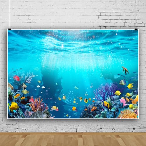 Under The Sea Backdrop 10x8ft Ocean Backdrop Underwater World Coral Turtle Fish Sunlight Decorations Background Aquarium Cake Table Banner Studio Props - color: Marine Blue, size: 10x8ft (300x240cm)