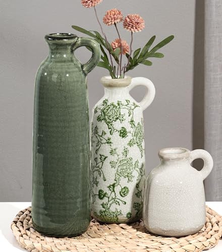 Ceramic Vase Set, 3Pcs Flower Vases for Modern Boho Farmhouse Decor, Decorative Vases for Pampas Grass & Dried Flowers, Distressed Finish - color: A