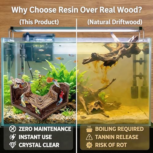 Aquarium Cave - Natural Resin Wood-Like Fish Tank Decorations & Accessories, 5.1" x 2" x 2.7" Safe Betta Hide & Tunnel for Guppy, Neon Tetra, Corydoras Catfish - Stackable Corner Ornament - color: Dark Brown