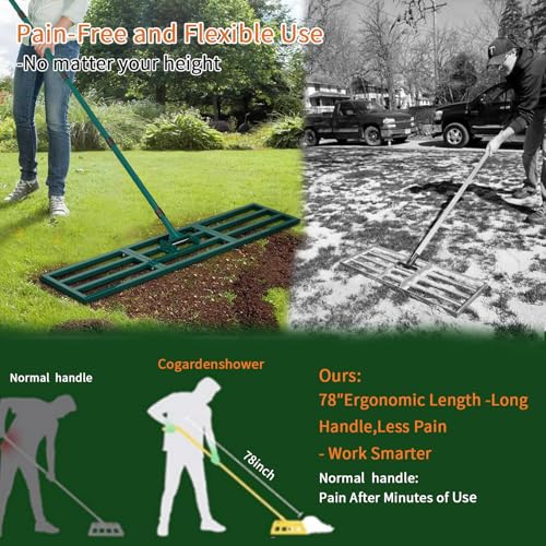 Lawn Leveling Rake Heavy Duty Stainless Steel Lawn Leveler Tool 45”x10” with 78” Adjustable Long Handle Yard Level Rake for Soil, Ground,Backyard Dressing,Golf Field,Garden Tools Grass Seed - style: 45"x10" Large