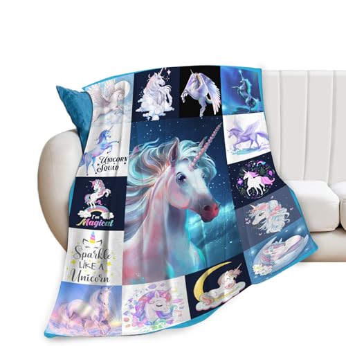 Unicorn Blanket for Girls Kids Women Adults Soft Cozy Flannel Fleece Blue Fantasy Unicorn Throw Blanket Gifts Warm Fluffy Plush Decor for Couch Sofa 50"x40" - color: Blue Unicorn, size: 50"x40"
