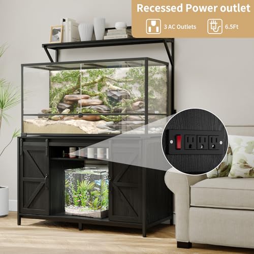 VOWNER Farmhouse Reptile Tank Stand with Power Outlet, 48" X 24" Tabletop Fits up 120 Gallon Bearded Dragon Tank, Heavy Duty Aquarium Stand with Storage Cabinet, Reptile Turtle Terrarium Stand Black - color: Black