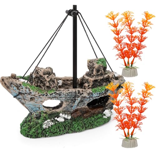 Aquarium Shipwreck Decoration Set Resin Fish Tank Ornaments Accessories for Undersea Aquarium Landscape Decor, Wreck Ship Ornament x 1pc, Aquatic Plants x 2 pcs