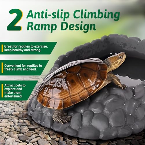 Reptile Water Dish Large Bearded Dragon Food Bowl, Rock Corner Water Dish for Reptiles Snake Water Bowl Feeding for Leopard Gecko Tortoise Lizard Tank Accessories, Terrarium Reptile Pool with Ramp - color: Grey