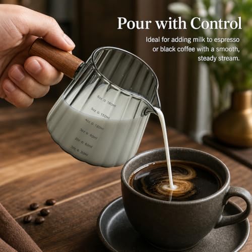 6 oz Espresso Cups - Glass Measuring Cups with Spout - Ribbed Small Creamer Pitcher- Expresso Shots Cup with Wood Handle for Coffee Milk, Dishwasher Safe (Grey, 1 pack) - color: Gray, size: 1 pack