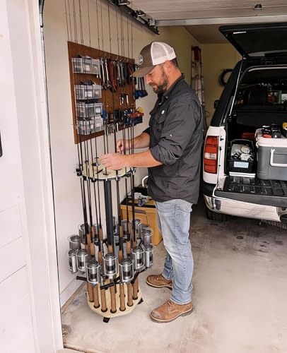 KEXMO Mobile Fishing Rod Holder Pole Rack for Garage, 360 Degree Lockable Wheels, Rigging Station, Heavy-Duty Steel Space-Saving Floor Stand, Holds 16 Combos, Fishing Gear Storage, Natural Wood Grain - color: Natural Wood Grain