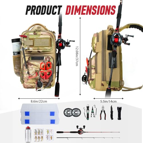 Fishing Sling Bag, Fishing Bag With Rod Holder Fixed Stickers, MOLLE System, Soft Bait & Gear Storage, Gift for Men, Khaki - color: Brown