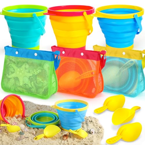 TOY Life Collapsible Beach Bucket Toys for Kids Beach Essentials with Portable 3 Seashell Bags & 3 Silicone Collapsible Sand Bucket & Shovels Travel Sand Toys Sandbox Toy for Fishing, Beach Party - color: Multicolor 3 Collapsible Buckets With 3 Bags