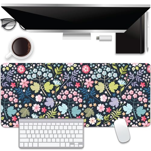 Maple Leaf and Flowers Desk Pad Mouse Pad,Large Floral Mouse Mat with Stitched Edges,Non-Slip Rubber Base Elegant Mousepad for Office PC Keyboard Laptop and Home Work Desk Mat(27.5X11.8 in) - color: Plants and Flowers