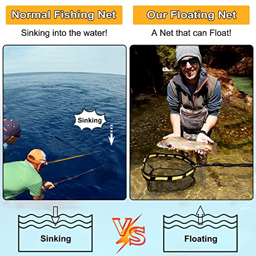 PLUSINNO Floating Fishing Net for Steelhead, Salmon, Fly, Kayak, Catfish, Bass, Trout Fishing, Rubber Coated Foldable Landing Net with Fixed or Telescoping Pole Handle, Fishing Gear and Gifts for Men - color: 19.7"/50cm Hoop Size length 1.5M Orange (Teles