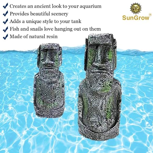 SunGrow Betta Fish Moai Decor, 7" and 5", Hollow Resin Replicas of Easter Island Statues, Freshwater, Saltwater Tank Decor, Terrariums and Vivariums, 2 Pcs per Pack