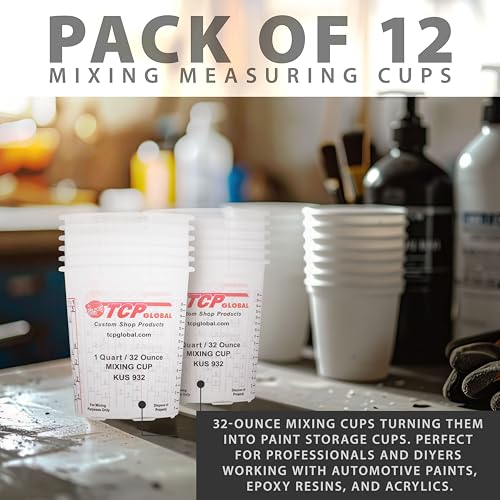 Custom Shop Paint Mixing Cups, 32-Ounce (12 Pack) - Plastic Measuring Cups for Liquids, Automotive Painting, Epoxy Resin, Acrylic Arts, Crafts, Disposable or Reusable, Graduated, Mixing Ratios - style: 12 Cups