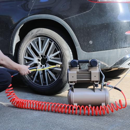 Hromee 1/4 in x 30 ft Polyurethane Recoil Air Compressor Hose with Bend Restrictors Compressor Hose with 1/4" Industrial Universal Quick Coupler and 4PCS I/M Plug Kit, Red - size: 30FT
