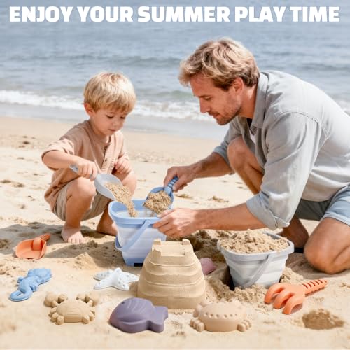 Dreamon 3 Pack Beach Toys Set for Kids 3-10, Collapsible Sand Buckets with Beach Molds and Mesh Bag, Sandbox Travel Toys Beach Vacation Essentials, Camping Gear, Fishing (Blue/Grey/Orange) - color: Blue/Grey/Orange