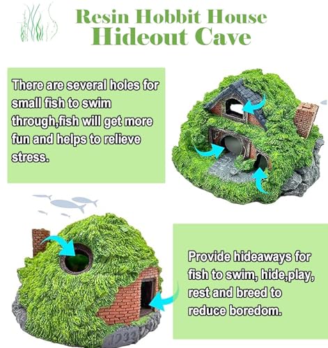 Aquarium Decor Resin Hobbit House Hideout Cave, Hollow Hole Shelter, Fish Tank Hut Ornaments, Mini Garden Landscaping Fish Tank Accessories for Betta