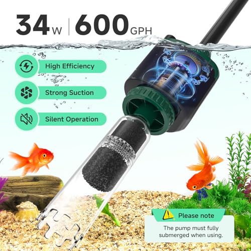 AQQA Fish Tank Cleaner, 34W 600GPH DC Gravel Vacuum for Aquarium, 6 in 1 Aquarium Vacuum Gravel Cleaner Adjustable Water Flow Cleaning Tools for Change Water Wash Sand Water Filter Water Circulation