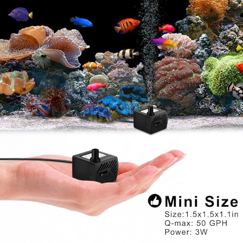 PULACO 2Pcs Mini Fountain Pump (50GPH 3W), Ultra Quiet Submersible Water Pump for Aquarium, Small Fish Tank, Pet Water Fountain, Tabletop Fountains, Water gardens and Hydroponic Systems