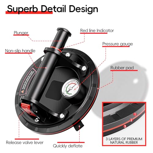 SPECILITE 8" Heavy Duty Glass Suction Cups 2 Pack with Pressure Gauge for Lifting Large Tile, Marble, Windows, 880 lbs Load Capacity, Industrial Vacuum Lifter with Handle, Carrying Case, Gloves, Black - color: Black