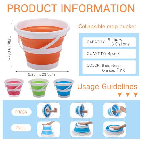 Pickmesh 4 Pcs Collapsible Bucket 1.3 Gallon (5l) Foldable Collapsible Sand Bucket with Handle Small Cleaning Pail for Household Outdoor Car Washing Camping Beach Sand - color: Blue, Green, Orange, Pink, size: 1.3 Gallon