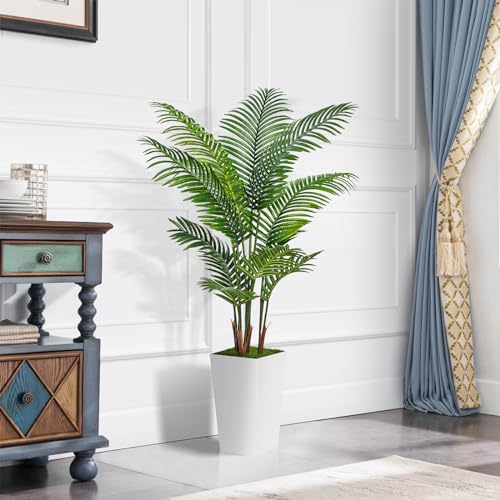 ASTIDY Artificial Palm Tree 5FT - Fake Tree with White Tall Planter - Faux Tropical Areca Floor Plant in Pot - Artificial Silk Plant for Home Office Living Room Decor Indoor