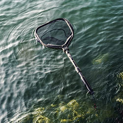 Rubber Coated Foldable Floating Fishing Net for Steelhead, Salmon, Catfish, Bass, Fly, Kayak, Easy Catch & Release with Telescopic Pole and Spring Shackle