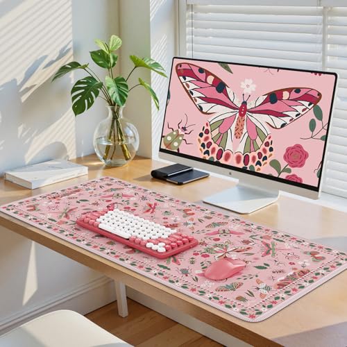 iCasso Pink Desk Pad Mat, XXL Large Mouse Pad, Desk Matt for Desktop, Anti-Slip Big Mousepad with Stitched Edges, Mouse Mat for Computer(Pink) - color: Butterfly-pink