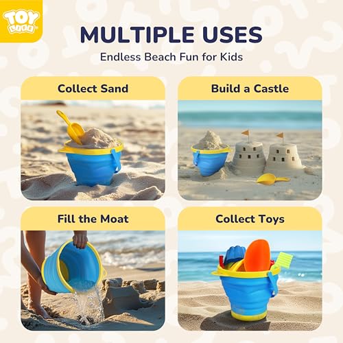 TOY Life Collapsible Beach Bucket Toys for Kids Beach Essentials with Portable 3 Seashell Bags & 3 Silicone Collapsible Sand Bucket & Shovels Travel Sand Toys Sandbox Toy for Fishing, Beach Party - color: Multicolor 3 Collapsible Buckets With 3 Bags