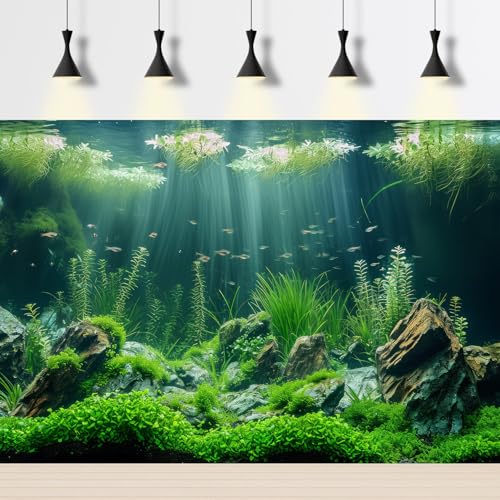 Underwater Aquarium Background Under The Sea Ocean Bed Stone Grass Leaves Fish Tank Background Vivid Fresh Aquatic Green Plants Rock with Moss Aquarium Fish Tank Backgrounds Decor Vinyl 24x12in - color: Dark Green, size: 24(W)x12(H)inches/ 60(W)*30cm(H)