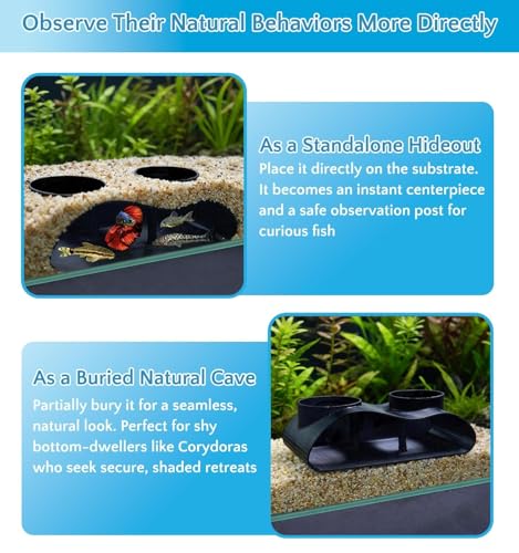 Black Underground Aquarium Cave Tunnel, PETG 3D Printed Fish Tank Cave Hideout with Smooth Surface, Two-Hole Aquarium Tunnel, Fish Tank Decor for Bettas, Shrimp, Corys, Loaches, Guppie, Snails