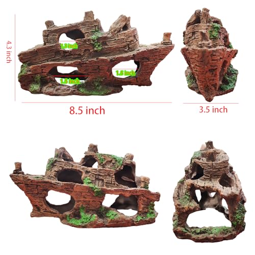Aaquarium Accessories, Fish Hideout Cave, Tank Shipwreck Decor | Resin Sunken Ship Ornament Fish Castle Decor Set with 10 Artificial Aquatic Plants, 30-40 Seashells, 1 Floating Diver - color: Broken Ship