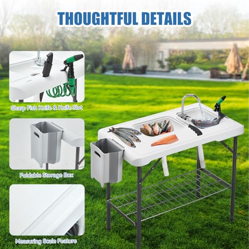 Folding Fish Cleaning Table Portable Camping Double Sinks Table w/2 Dual Water Basins, Faucet Drainage Hose & Sprayer Outdoor Fish Fillet Cleaning Station w/Knife, Storage Box,Black | Portable - style: Dual sink table