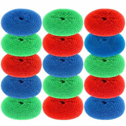 Blulu 15 Pcs Plastic Dish Scrubbers for Dishes Pot Round Nylon Pad, Mesh Scouring Non Scratch Pads (Rainbow Colors) - color: Primary Colors