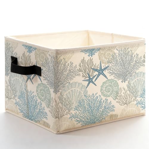 Blue Beach Starfish Seashell Storage Bins Box with Handles, Coastal Ocean Nautical Coral Sea Life Foldable Basket Toybox for Beach House Bedroom Bathroom Home Clothes Toys Books - color: color-9