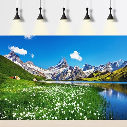Mountain Aquarium Background Tranquil Lake Blue Sky Fish Tank Background Aquatic Water Plants Flowers Terrarium Backgrounds Spring Meadow Cow Natural Landscape Reptile Tank Backgrounds 24x12in - color: Dark Green, size: 24(W)x12(H)inches/ 60(W)*30cm(H)