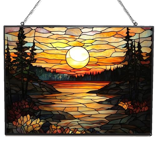 Customized Rectangle Vintage Sunset in The Forest Stained Glass Window Hanging, Suncatcher for Women, Stained Glass Window Decor Perfect Home Décor - color: Vintage Sunset in the Forest 1, size: 9.4x7.1 IN