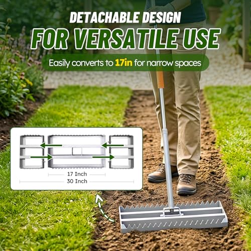 Lawn Leveling Rake, 2-in-1 Double-Sided Landscape Leveler with 20 Marking Flags for Low Spot, 30"×10" Heavy Duty Stainless Steel Flat & Serrated Side for Soil Sand Gravel, Yard Garden Golf Course - style: 30"×10“
