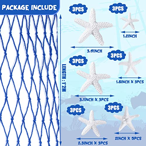 21 Pieces Starfish Ornament Sets Starfish Decor Fish Net Sea Wall Decor Fishnet Nautical Decoration for Crafts Beach Wedding Mermaid Party Under The Sea Party Decorations(Blue) - color: Blue