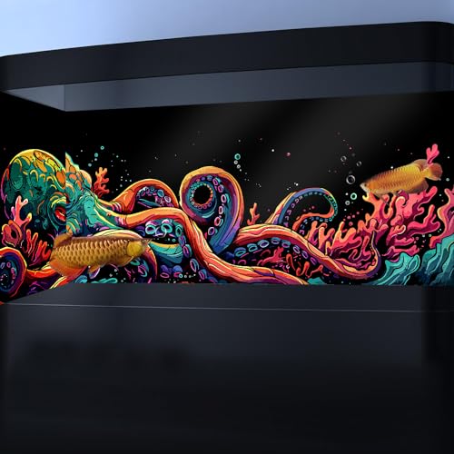 24X12IN Blacklight Octopus Sea Monster HD 3D Black Light Aquarium Background UV Reactive Background Terrarium Background with 10 EVA Double-Sided Tape - size: 24X12in/60X30cm
