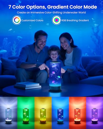 Jellyfish Lamp - 7 Color Changing LED Tank Aquarium Light, Mood Lamp for Home Office Bedroom Decor, 2 Lighting Modes for Relax/Sleep, Gift for Kids Teens Adults - color: Black