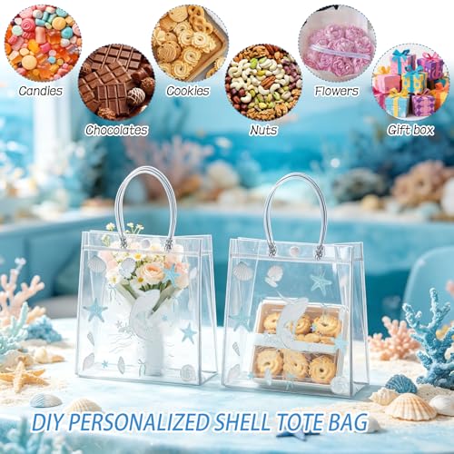 Hlimior 24 Pcs Beach Party Favor Ocean Seashell Gift Bags Starfish Clear PVC Gift Bags with Handles Reusable Candy Treat Tote Summer Shell Goodie Bags for Birthday Party Supplies