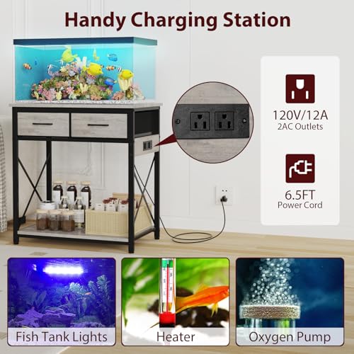20-29-37 Gallon Fish Tank Stand with Power Outlet, Heavy Duty Metal Aquarium Stand with Two Storage Drawers for Fish Tank Accessories Storage, Perfect for Turtle Tank, Reptile Terrarium, Grey - color: Grey, size: 20-29-37 Gallon