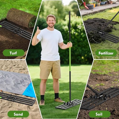 Seeutek Lawn Leveling Rake, 45” x 10” Lawn Leveler with 6.5FT Stainless Steel Handle Rakes for Lawns, 0-180° Adjustable Ground Leveler Tool for Yard, Level Soil Sand Dirt Surfaces - size: 45"*10"